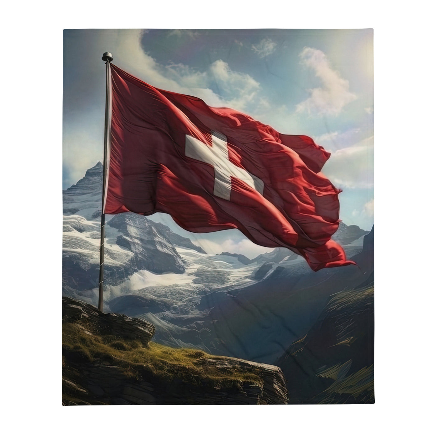 Schweizer Flagge und Berge im Hintergrund - Fotorealistische Malerei - Überwurfdecke berge xxx 127 x 152.4 cm
