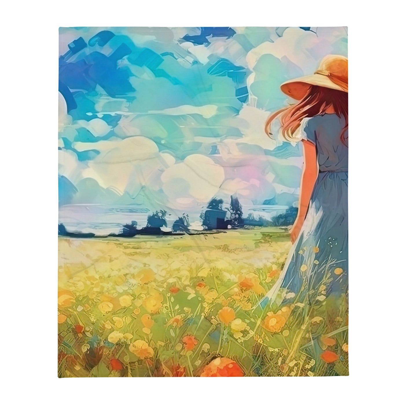 Dame mit Hut im Feld mit Blumen - Landschaftsmalerei - Überwurfdecke camping xxx 127 x 152.4 cm