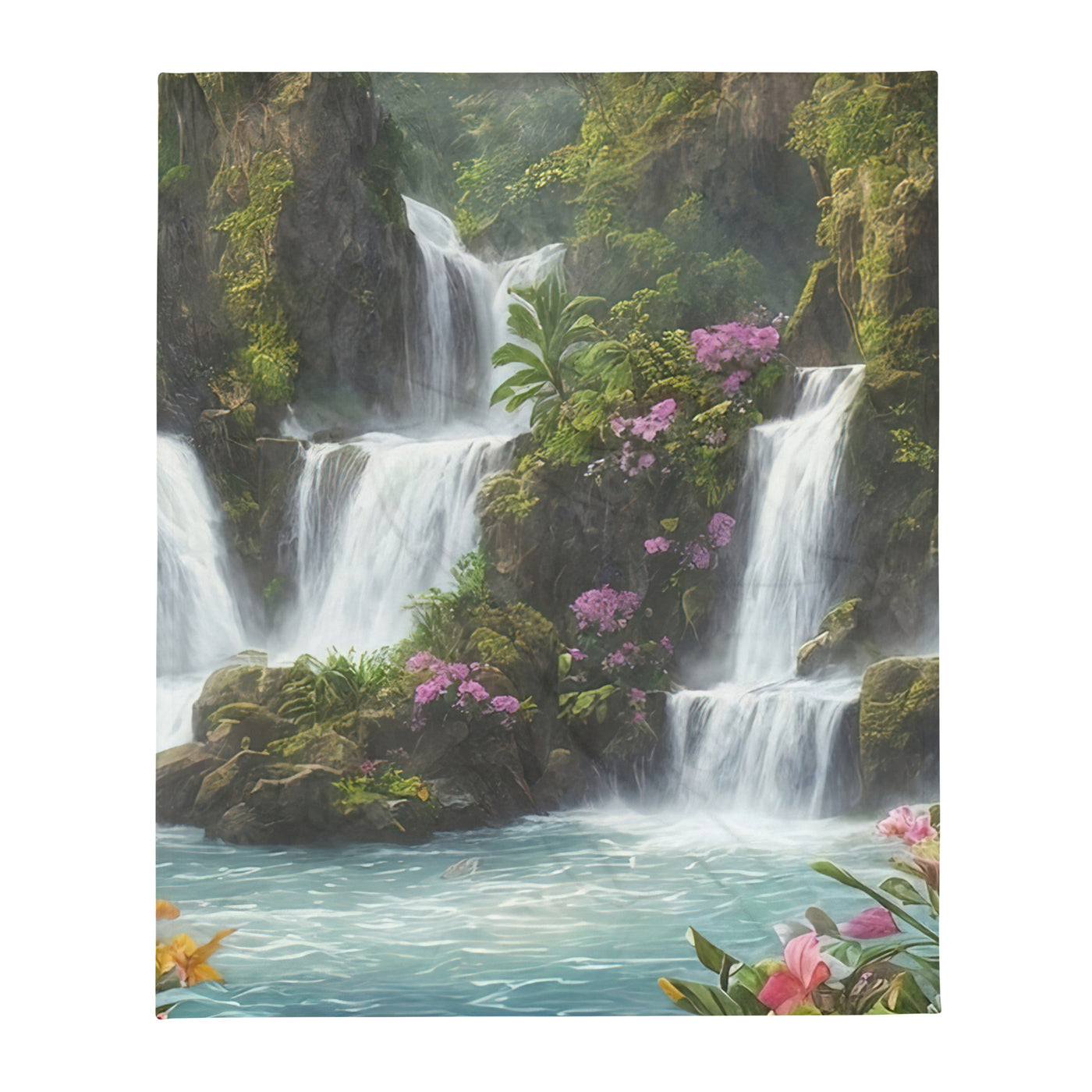 Wasserfall im Wald und Blumen - Schöne Malerei - Überwurfdecke camping xxx 127 x 152.4 cm