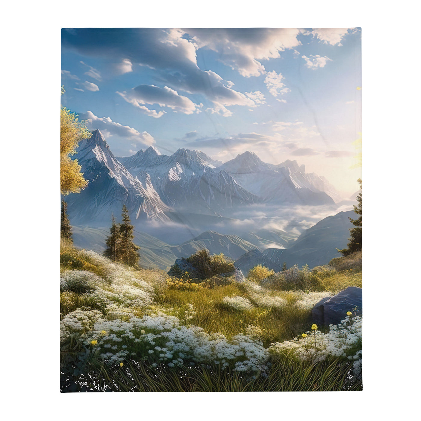 Berglandschaft mit Sonnenschein, Blumen und Bäumen - Malerei - Überwurfdecke berge xxx 127 x 152.4 cm