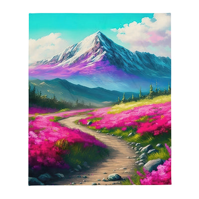 Berg, pinke Blumen und Wanderweg - Landschaftsmalerei - Überwurfdecke berge xxx 127 x 152.4 cm
