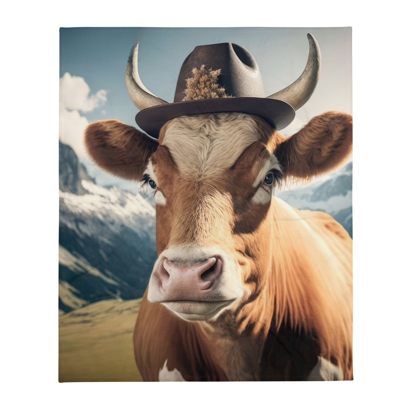 Kuh mit Hut in den Alpen - Berge im Hintergrund - Landschaftsmalerei - Überwurfdecke berge xxx 127 x 152.4 cm