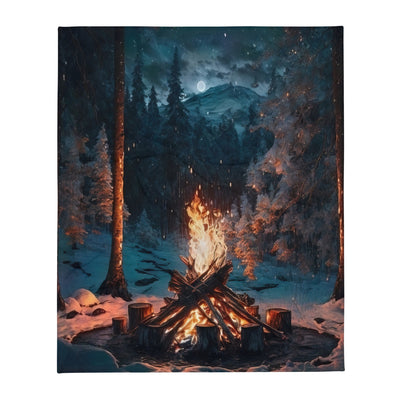 Lagerfeuer beim Camping - Wald mit Schneebedeckten Bäumen - Malerei - Überwurfdecke camping xxx 127 x 152.4 cm
