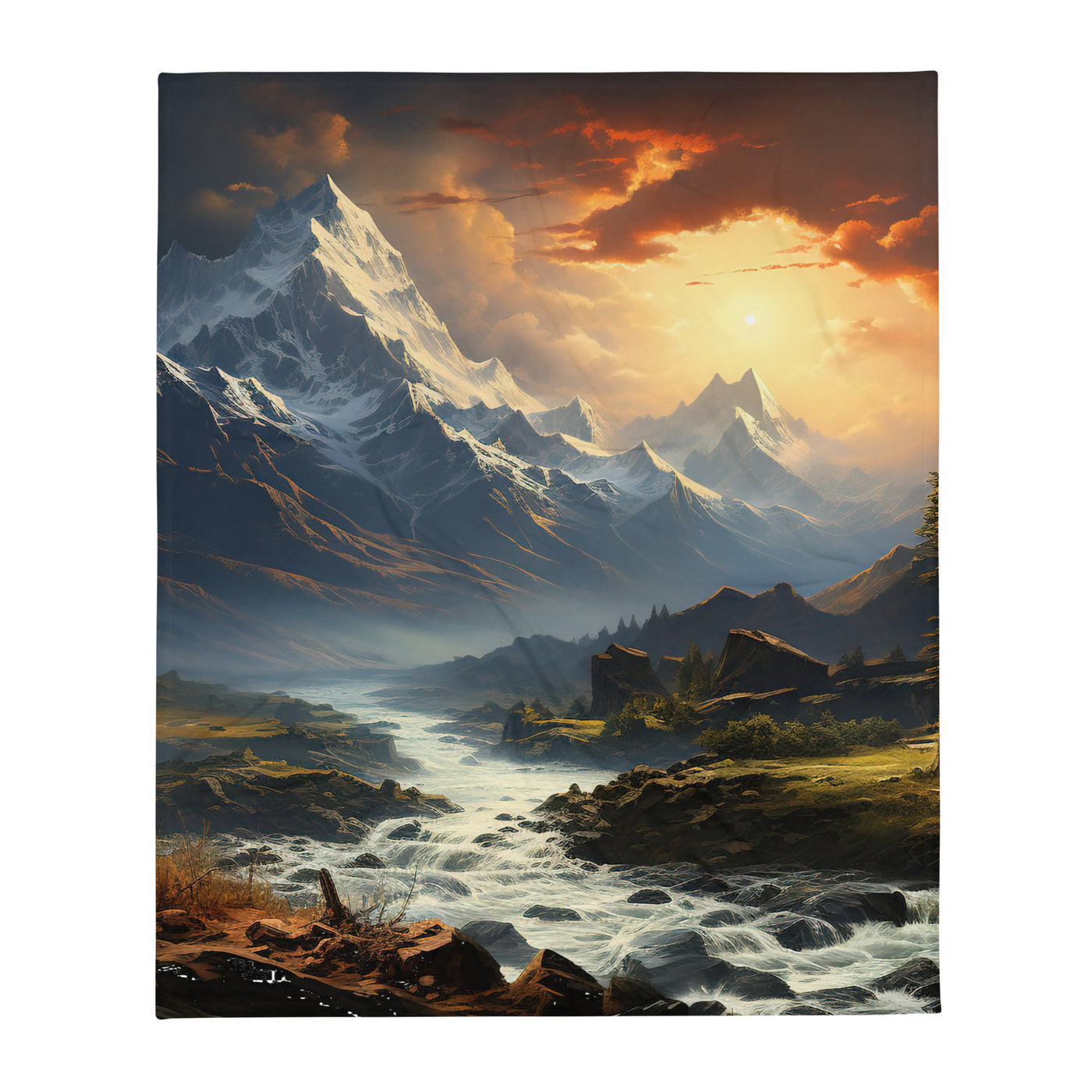 Berge, Sonne, steiniger Bach und Wolken - Epische Stimmung - Überwurfdecke berge xxx 127 x 152.4 cm