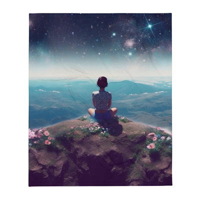 Frau sitzt auf Berg – Cosmos und Sterne im Hintergrund - Landschaftsmalerei - Überwurfdecke berge xxx 127 x 152.4 cm
