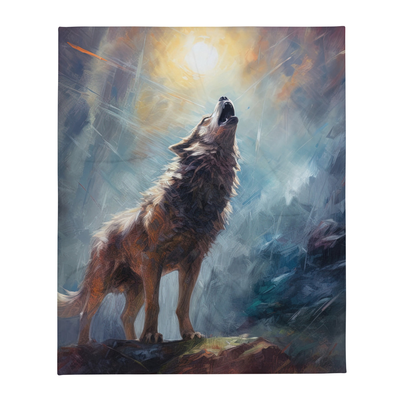 Heulender Wolf auf Berggipfel und Mond im Hintergrund – Abstrakte Malerei - Überwurfdecke camping xxx 127 x 152.4 cm