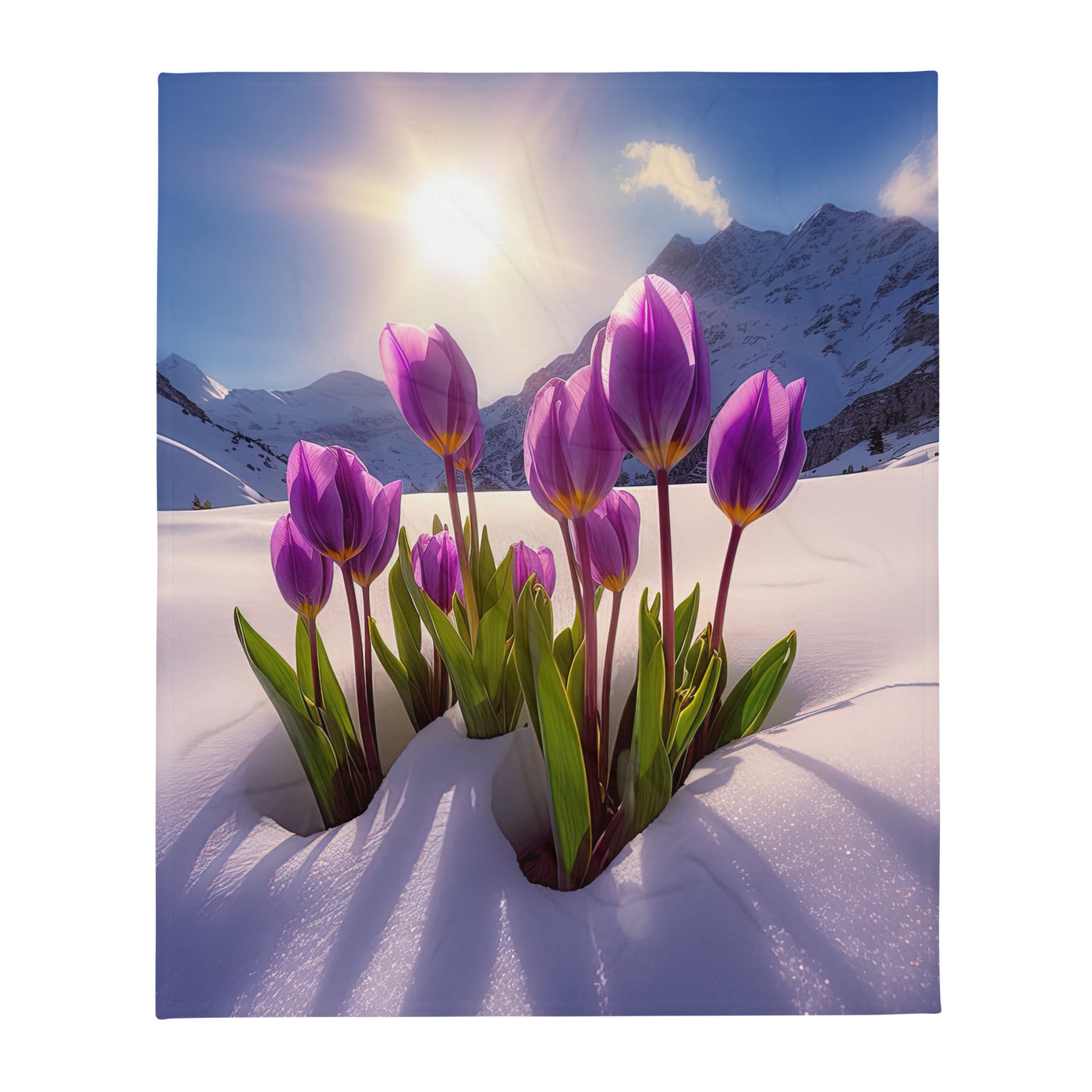 Tulpen im Schnee und in den Bergen - Blumen im Winter - Überwurfdecke berge xxx 127 x 152.4 cm