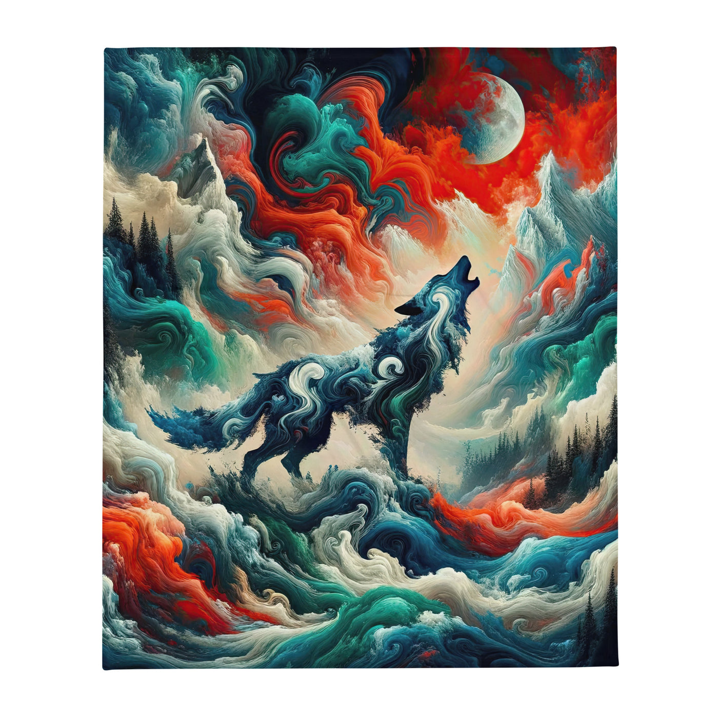 Abstrakte Kunst eines Wolfes in den Alpen mit Mustern aus eisigem Blau und Waldgrün verschmelzen mit feurigen Farben (AN) - Überwurfdecke xxx yyy zzz 127 x 152.4 cm