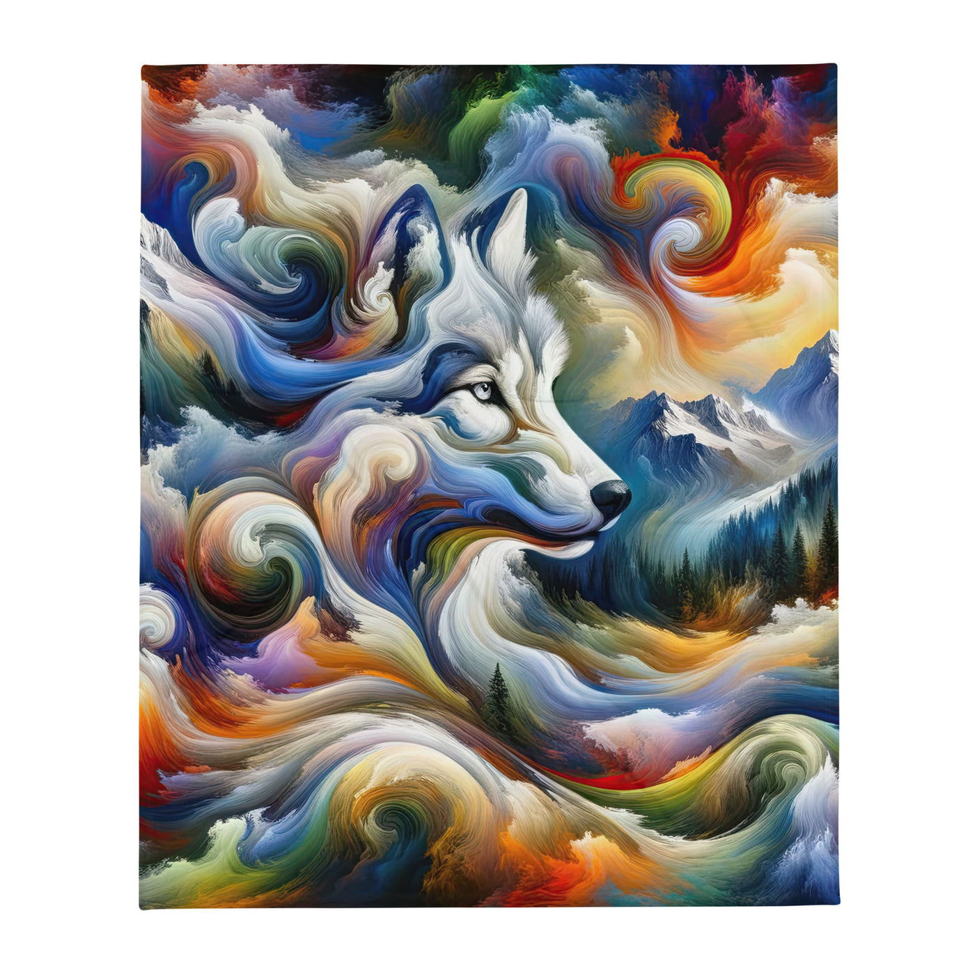 Abstraktes Alpen Gemälde: Wirbelnde Farben und Majestätischer Wolf, Silhouette (AN) - Überwurfdecke xxx yyy zzz 127 x 152.4 cm