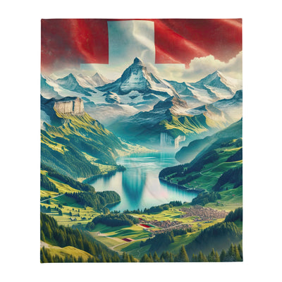 Berg Panorama: Schneeberge und Täler mit Schweizer Flagge - Überwurfdecke berge xxx yyy zzz 127 x 152.4 cm