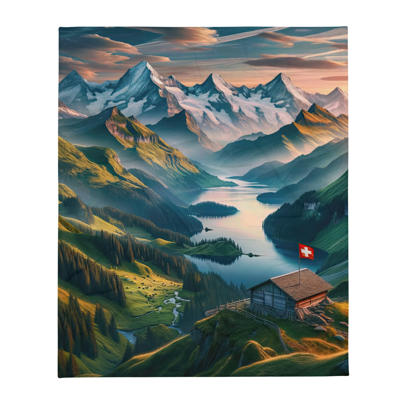 Schweizer Flagge, Alpenidylle: Dämmerlicht, epische Berge und stille Gewässer - Überwurfdecke berge xxx yyy zzz 127 x 152.4 cm