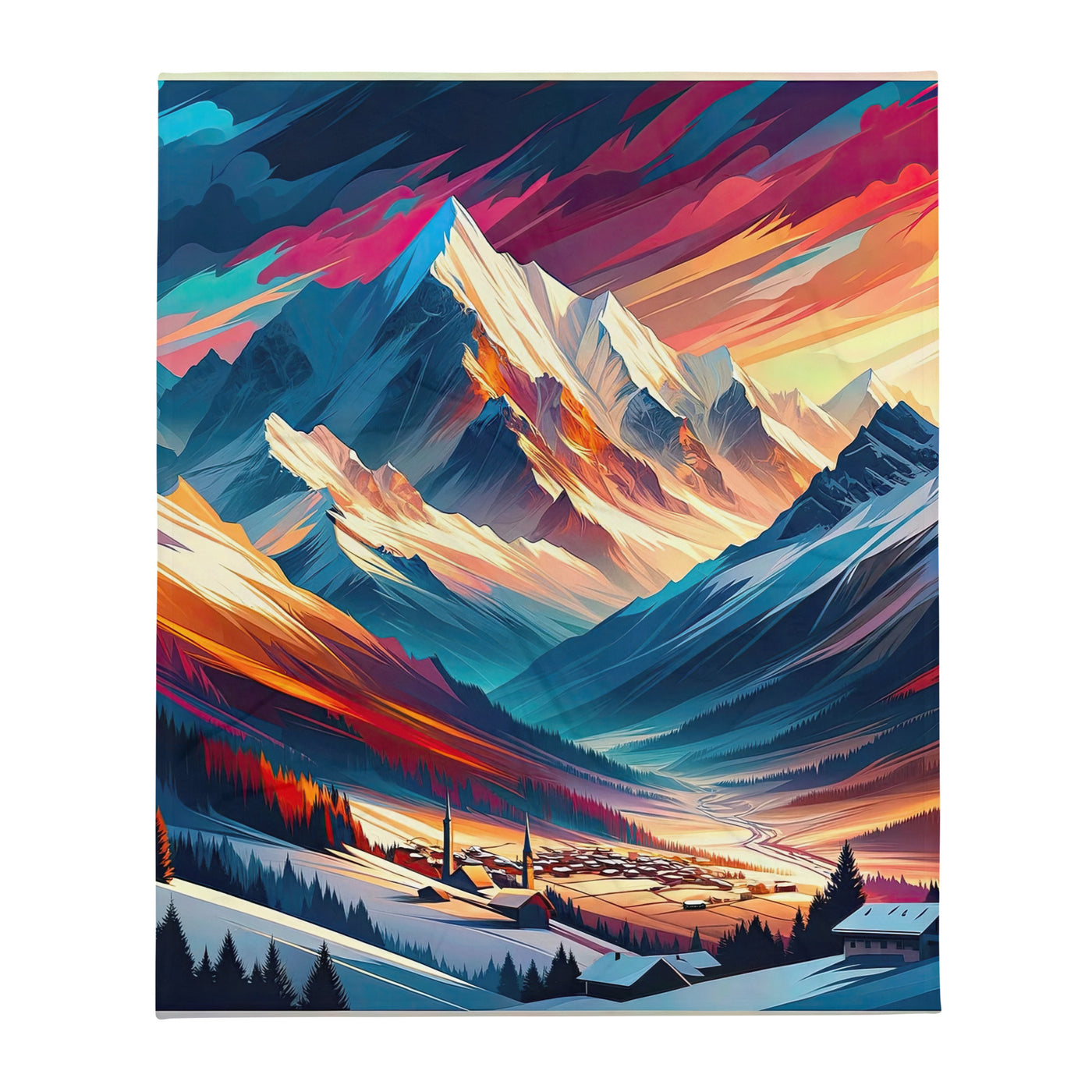 Moderne geometrische Alpen Kunst: Warmer Sonnenuntergangs Schein auf Schneegipfeln - Überwurfdecke berge xxx yyy zzz 127 x 152.4 cm