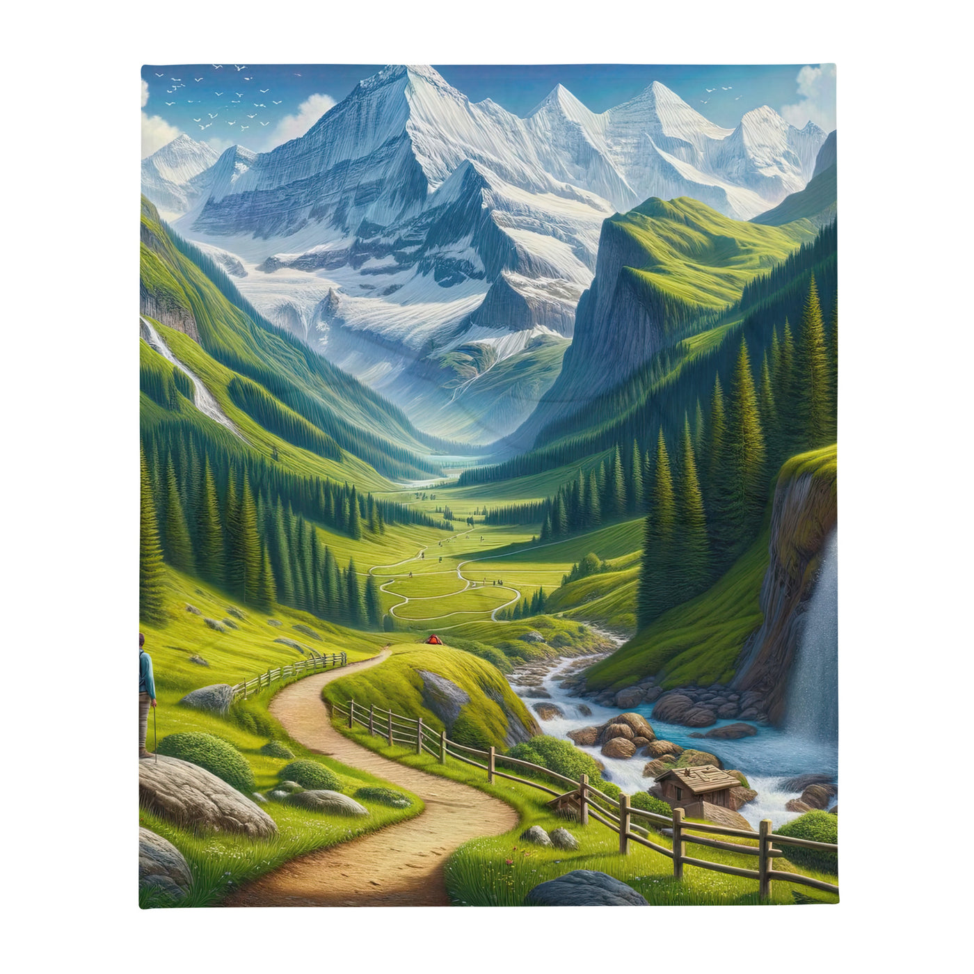 Wanderer in den Bergen und Wald: Digitale Malerei mit grünen kurvenreichen Pfaden - Überwurfdecke wandern xxx yyy zzz 127 x 152.4 cm