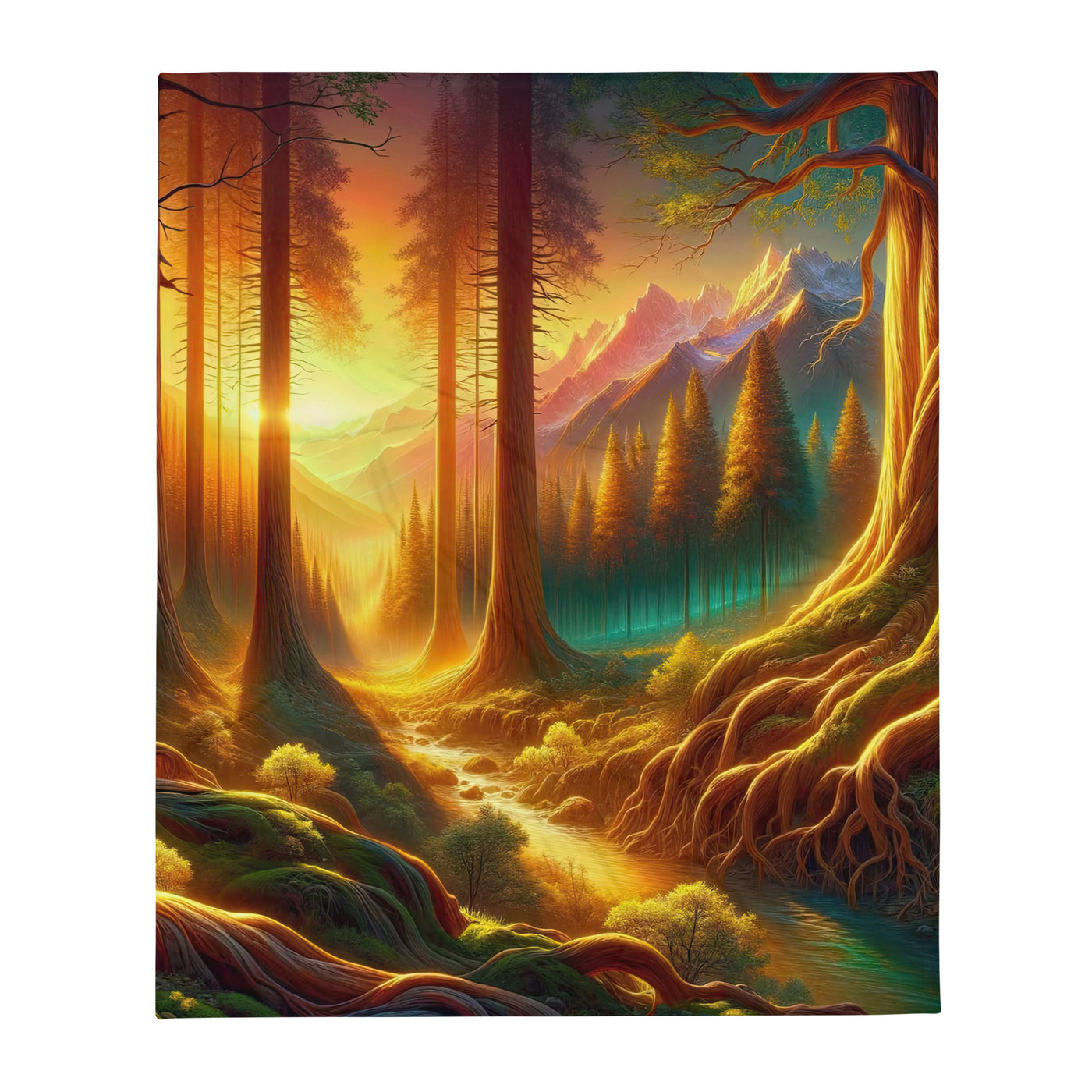 Golden-Stunde Alpenwald, Sonnenlicht durch Blätterdach - Überwurfdecke camping xxx yyy zzz 127 x 152.4 cm