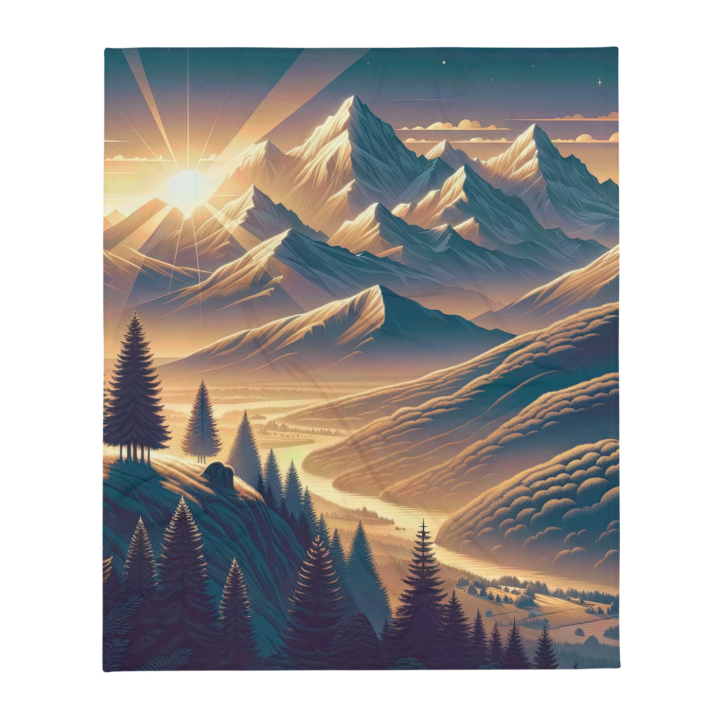 Alpen-Morgendämmerung, erste Sonnenstrahlen auf Schneegipfeln - Überwurfdecke berge xxx yyy zzz 127 x 152.4 cm