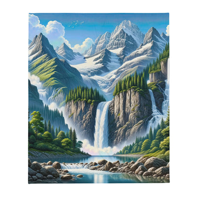 Illustration einer unberührten Alpenkulisse im Hochsommer. Wasserfall und See - Überwurfdecke berge xxx yyy zzz 127 x 152.4 cm