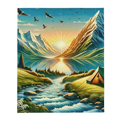 Zelt im Alpenmorgen mit goldenem Licht, Schneebergen und unberührten Seen - Überwurfdecke berge xxx yyy zzz 127 x 152.4 cm
