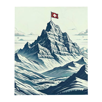 Ausgedehnte Bergkette mit dominierendem Gipfel und wehender Schweizer Flagge - Überwurfdecke berge xxx yyy zzz 127 x 152.4 cm