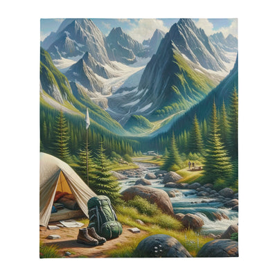 Ölgemälde der Alpensommerlandschaft mit Zelt, Gipfeln, Wäldern und Bächen - Überwurfdecke camping xxx yyy zzz 127 x 152.4 cm