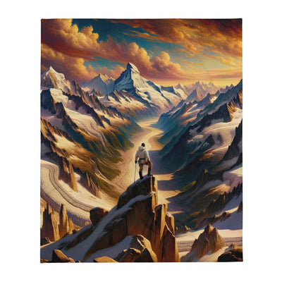 Ölgemälde eines Wanderers auf einem Hügel mit Panoramablick auf schneebedeckte Alpen und goldenen Himmel - Überwurfdecke wandern xxx yyy zzz 127 x 152.4 cm