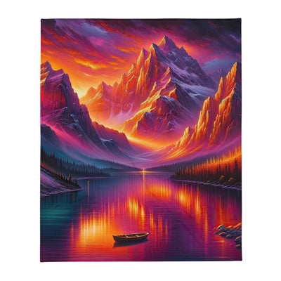 Ölgemälde eines Bootes auf einem Bergsee bei Sonnenuntergang, lebendige Orange-Lila Töne - Überwurfdecke berge xxx yyy zzz 127 x 152.4 cm