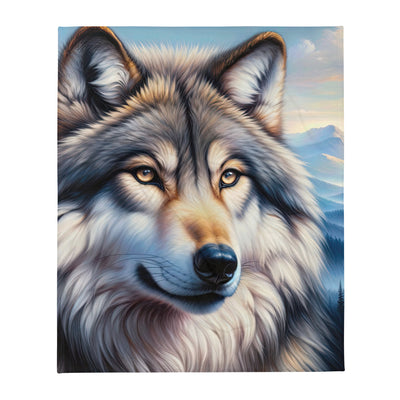 Ölgemäldeporträt eines majestätischen Wolfes mit intensiven Augen in der Berglandschaft (AN) - Überwurfdecke xxx yyy zzz 127 x 152.4 cm