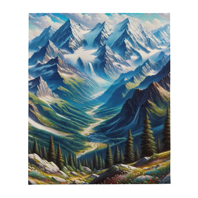 Panorama-Ölgemälde der Alpen mit schneebedeckten Gipfeln und schlängelnden Flusstälern - Überwurfdecke berge xxx yyy zzz 127 x 152.4 cm