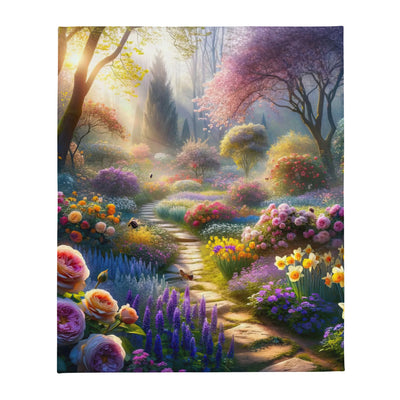 Foto einer Gartenszene im Frühling mit Weg durch blühende Rosen und Veilchen - Überwurfdecke camping xxx yyy zzz 127 x 152.4 cm