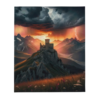 Foto einer Alpenburg bei stürmischem Sonnenuntergang, dramatische Wolken und Sonnenstrahlen - Überwurfdecke berge xxx yyy zzz 127 x 152.4 cm