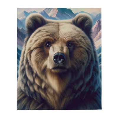 Foto eines Bären vor abstrakt gemalten Alpenbergen, Oberkörper im Fokus - Überwurfdecke camping xxx yyy zzz 127 x 152.4 cm