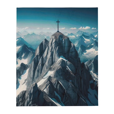 Foto der Alpen mit Gipfelkreuz an einem klaren Tag, schneebedeckte Spitzen vor blauem Himmel - Überwurfdecke berge xxx yyy zzz 127 x 152.4 cm