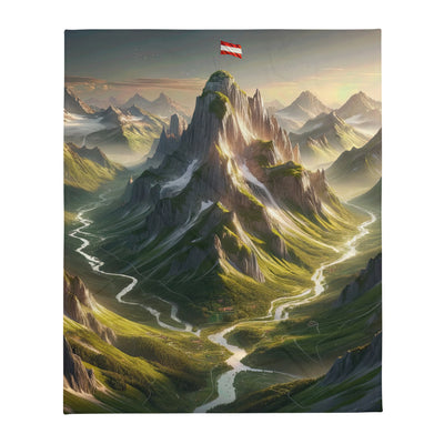 Fotorealistisches Bild der Alpen mit österreichischer Flagge, scharfen Gipfeln und grünen Tälern - Überwurfdecke berge xxx yyy zzz 127 x 152.4 cm