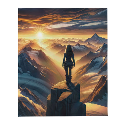 Fotorealistische Darstellung der Alpen bei Sonnenaufgang, Wanderin unter einem gold-purpurnen Himmel - Überwurfdecke wandern xxx yyy zzz 127 x 152.4 cm