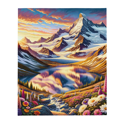 Quadratische Illustration der Alpen mit schneebedeckten Gipfeln und Wildblumen - Überwurfdecke berge xxx yyy zzz 127 x 152.4 cm