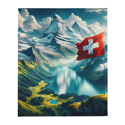 Ultraepische, fotorealistische Darstellung der Schweizer Alpenlandschaft mit Schweizer Flagge - Überwurfdecke berge xxx yyy zzz 127 x 152.4 cm