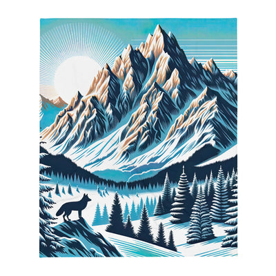 Vektorgrafik eines Wolfes im winterlichen Alpenmorgen, Berge mit Schnee- und Felsmustern - Überwurfdecke berge xxx yyy zzz 127 x 152.4 cm