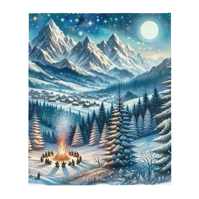 Aquarell eines Winterabends in den Alpen mit Lagerfeuer und Wanderern, glitzernder Neuschnee - Überwurfdecke camping xxx yyy zzz 127 x 152.4 cm