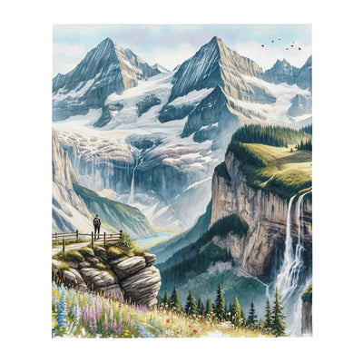 Aquarell-Panoramablick der Alpen mit schneebedeckten Gipfeln, Wasserfällen und Wanderern - Überwurfdecke wandern xxx yyy zzz 127 x 152.4 cm