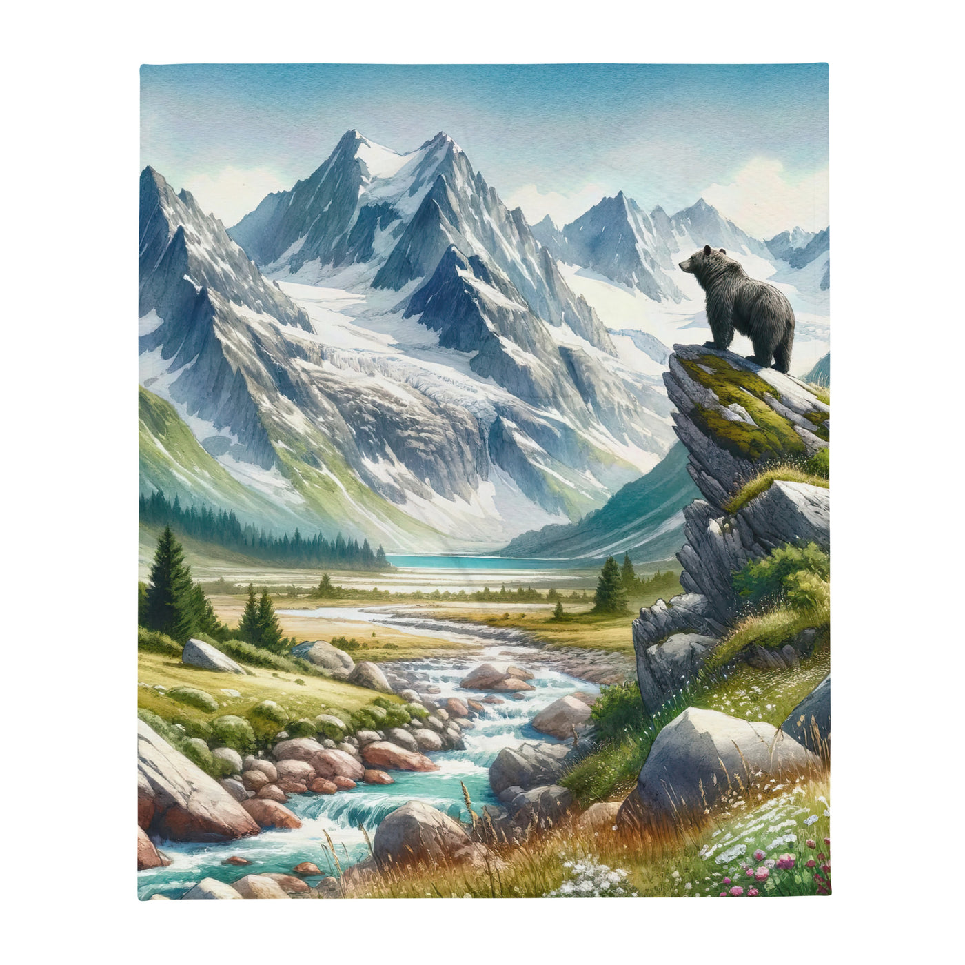 Aquarellmalerei eines Bären und der sommerlichen Alpenschönheit mit schneebedeckten Ketten - Überwurfdecke camping xxx yyy zzz 127 x 152.4 cm