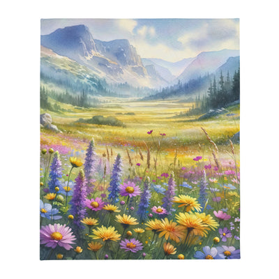 Aquarell einer Almwiese in Ruhe, Wildblumenteppich in Gelb, Lila, Rosa - Überwurfdecke berge xxx yyy zzz 127 x 152.4 cm