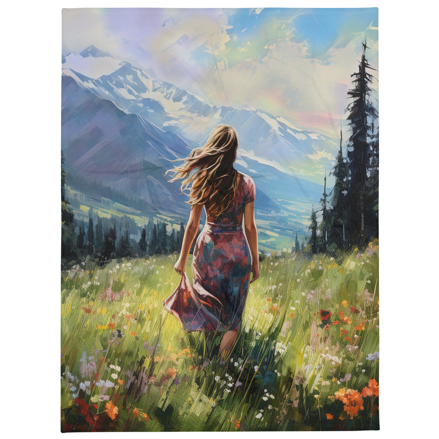 Frau mit langen Kleid im Feld mit Blumen - Berge im Hintergrund - Malerei - Überwurfdecke berge xxx 152.4 x 203.2 cm