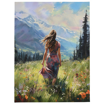 Frau mit langen Kleid im Feld mit Blumen - Berge im Hintergrund - Malerei - Überwurfdecke berge xxx 152.4 x 203.2 cm