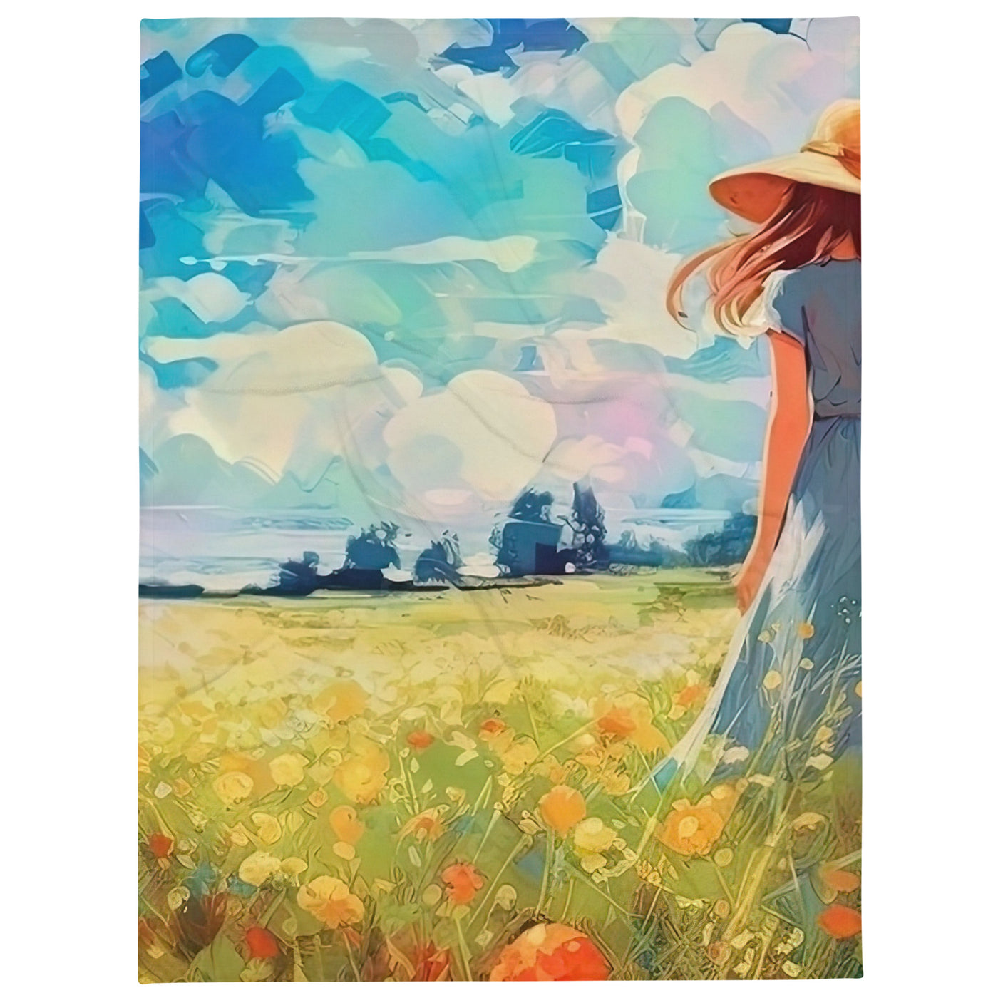 Dame mit Hut im Feld mit Blumen - Landschaftsmalerei - Überwurfdecke camping xxx 152.4 x 203.2 cm