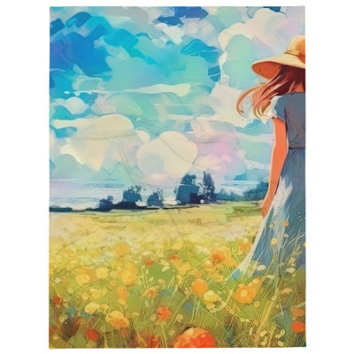 Dame mit Hut im Feld mit Blumen - Landschaftsmalerei - Überwurfdecke camping xxx 152.4 x 203.2 cm