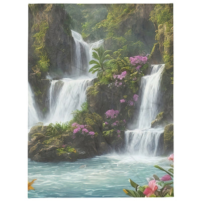 Wasserfall im Wald und Blumen - Schöne Malerei - Überwurfdecke camping xxx 152.4 x 203.2 cm
