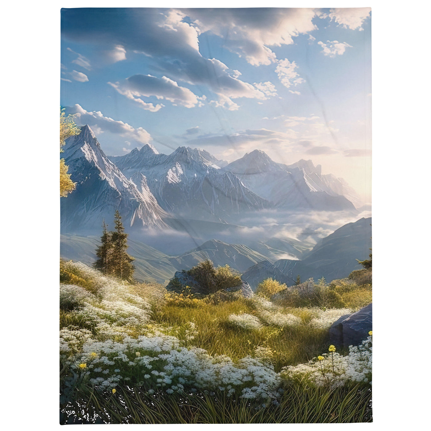 Berglandschaft mit Sonnenschein, Blumen und Bäumen - Malerei - Überwurfdecke berge xxx 152.4 x 203.2 cm