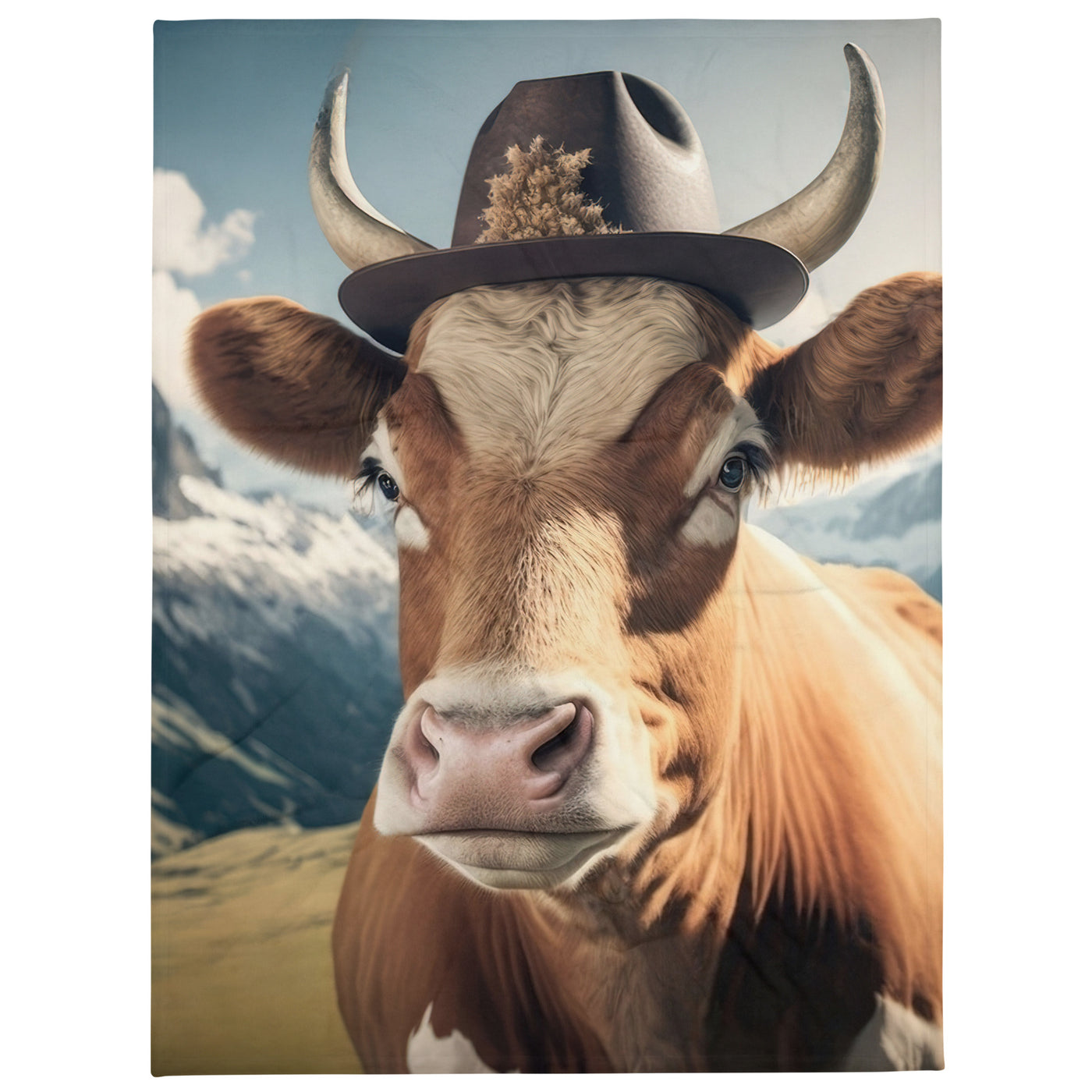 Kuh mit Hut in den Alpen - Berge im Hintergrund - Landschaftsmalerei - Überwurfdecke berge xxx 152.4 x 203.2 cm