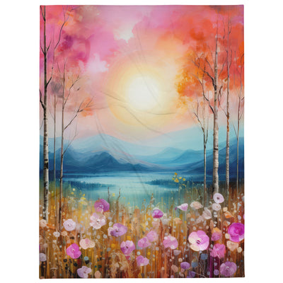Berge, See, pinke Bäume und Blumen - Malerei - Überwurfdecke berge xxx 152.4 x 203.2 cm