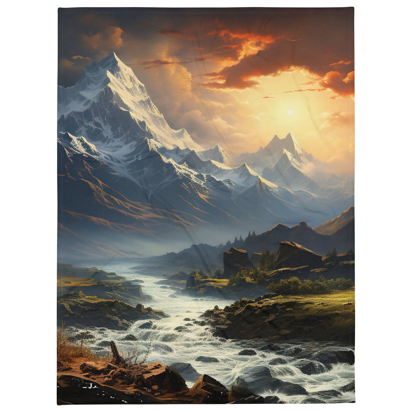 Berge, Sonne, steiniger Bach und Wolken - Epische Stimmung - Überwurfdecke berge xxx 152.4 x 203.2 cm