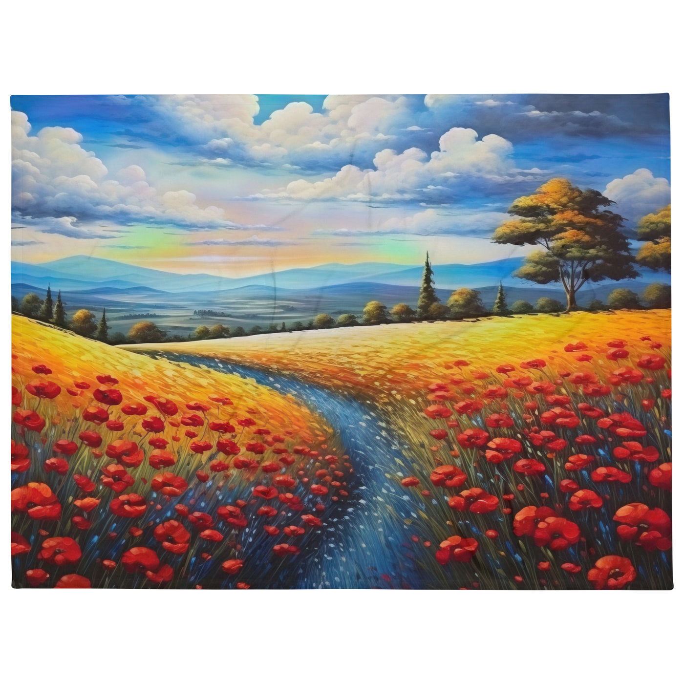 Feld mit roten Blumen und Berglandschaft - Landschaftsmalerei - Überwurfdecke berge xxx 152.4 x 203.2 cm